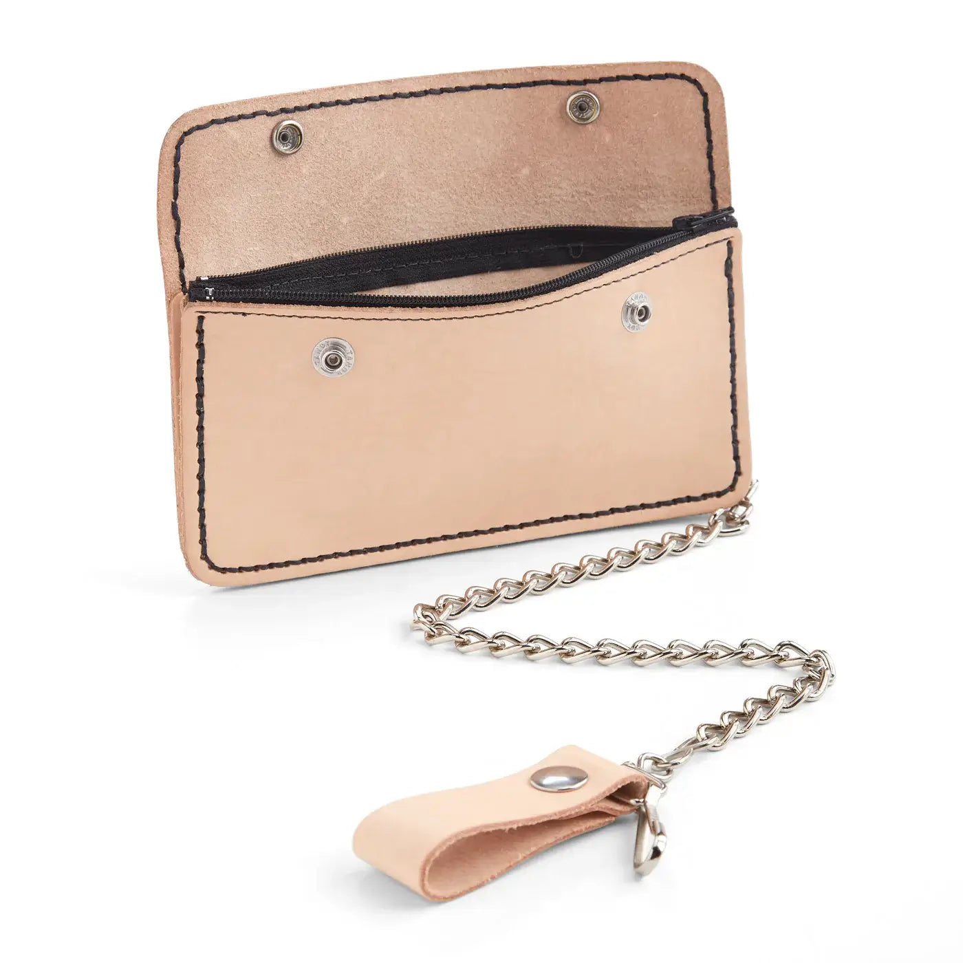 Beige leather wallet with chain strap on a white background
