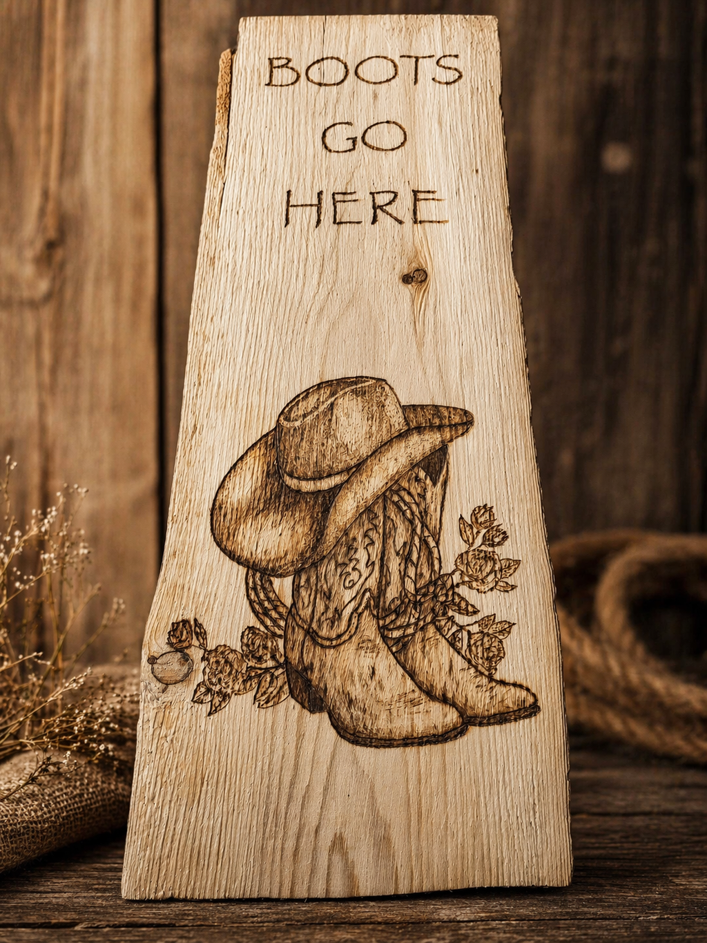 Wooden sign with cowboy boot and hat design, and 'Boots Go Here' text.