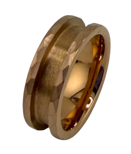 Hammered_Rose_Gold_plated_Tungsten ring with a textured surface on a white background