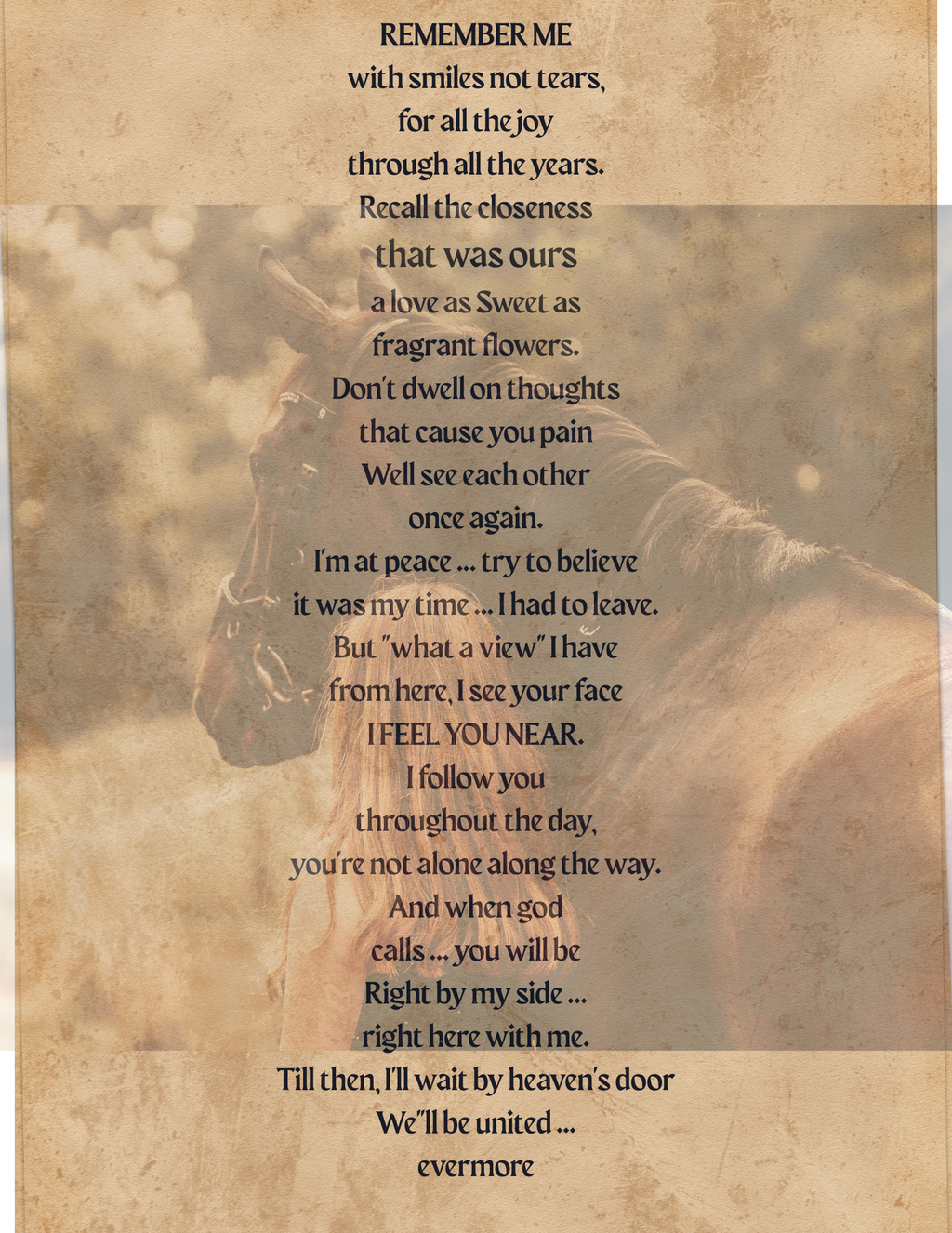 Poem written for Remember Me the horse memorial plaque