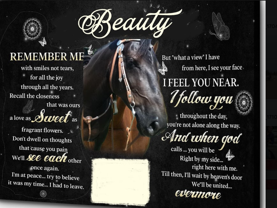 Memorial plaque with horse image and text on a black background