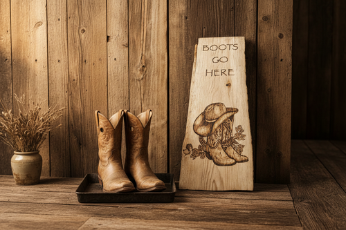 Boots Go Here Pyrography Live Edge Sign – Lifestyle