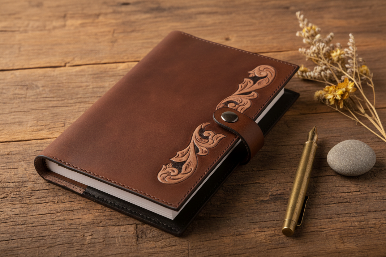 Handcrafted leather journal cover lifestyle