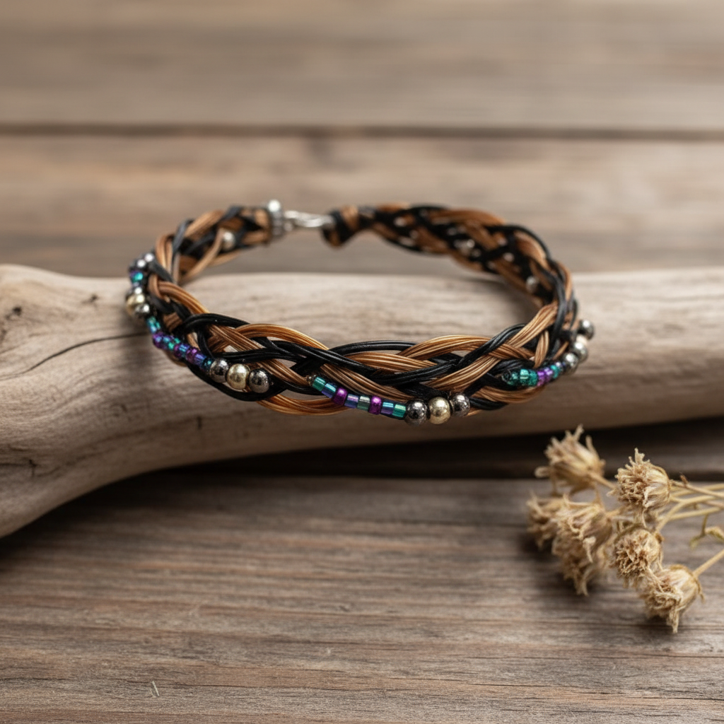 Horsehair bracelet lifestyle on driftwood