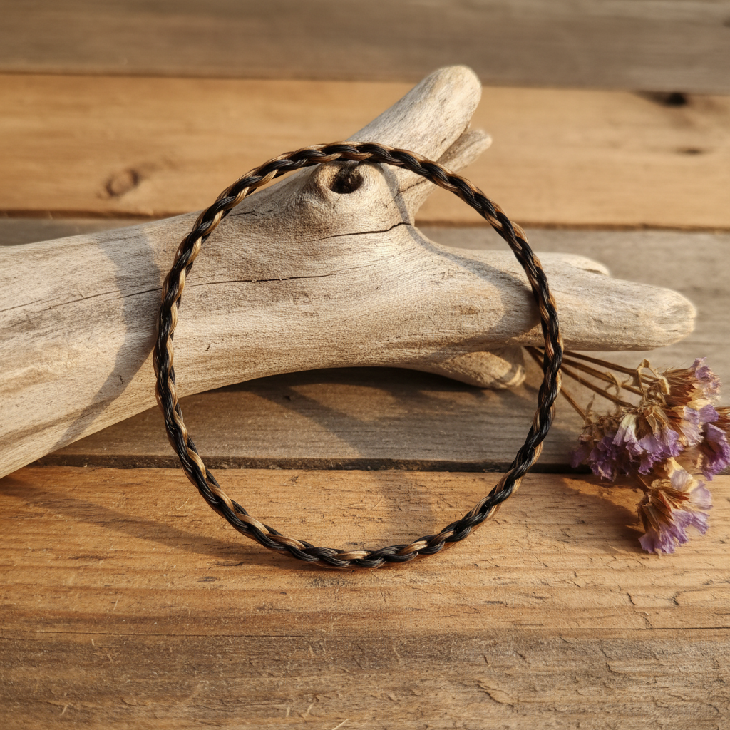 Plain braid horsehair bracelet lifestyle on driftwood