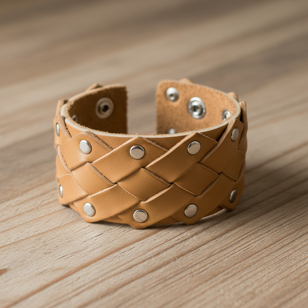 Woven tan leather cuff bracelet with silver snap hardware, flat lay on natural wood surface