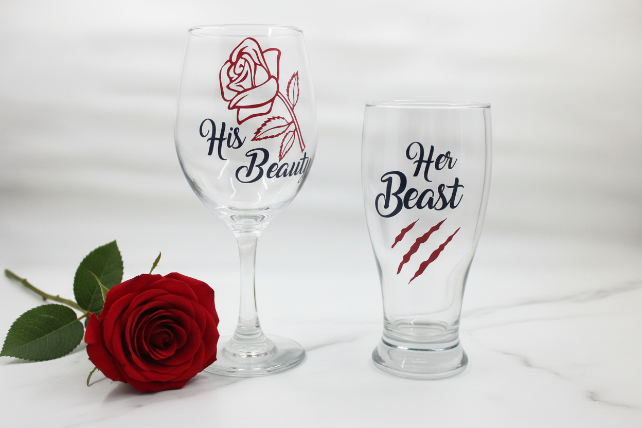 His Beauty Her Beast couples glass set lifestyle on white marble