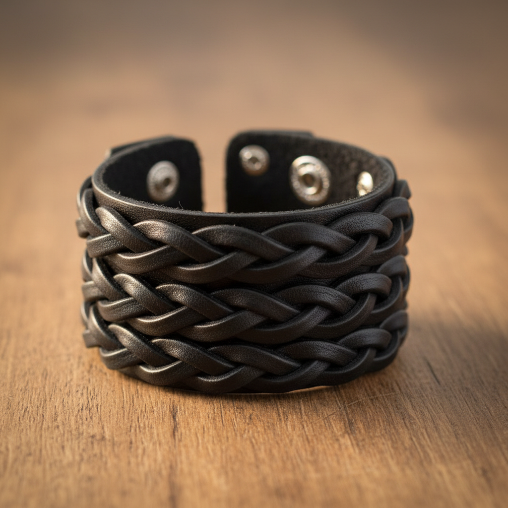 Braided black leather cuff bracelet with silver snap hardware, flat lay on natural wood surface