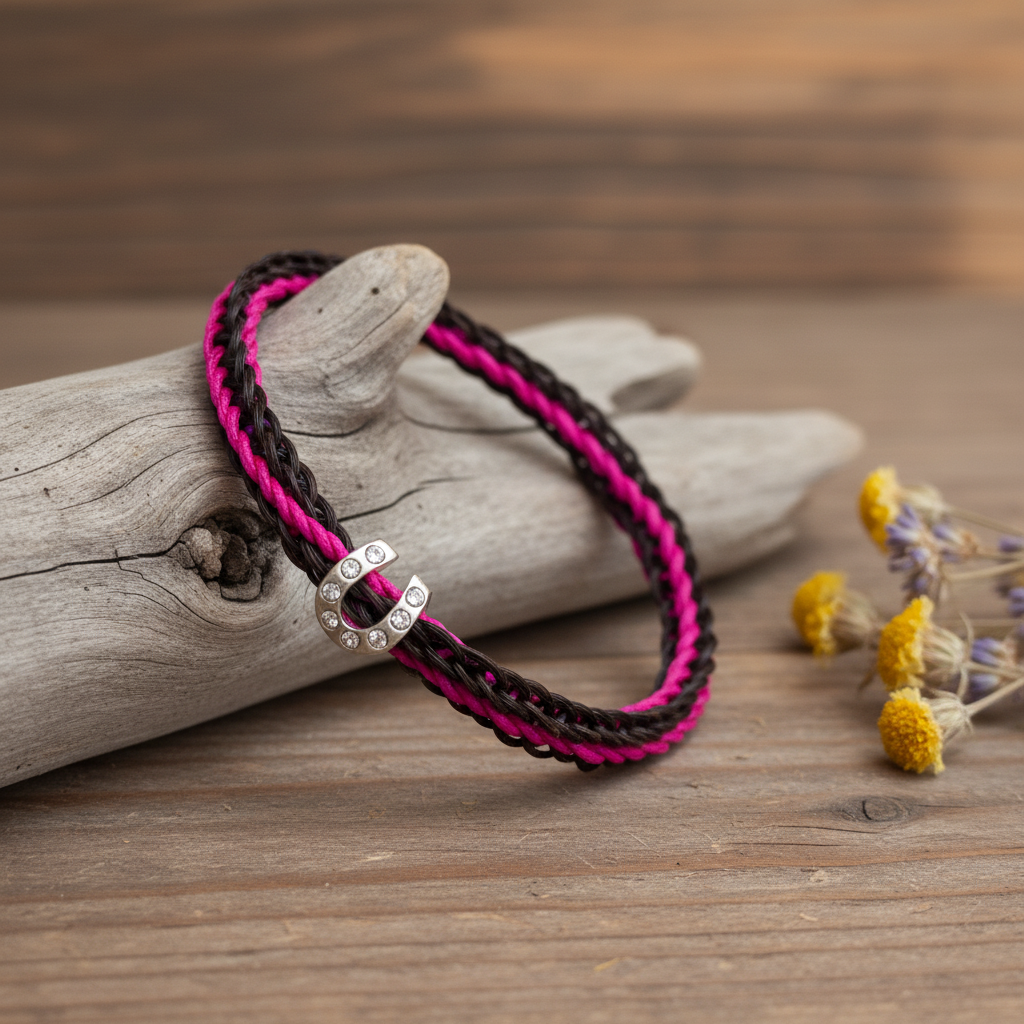 Horsehair bracelet with magenta ribbon