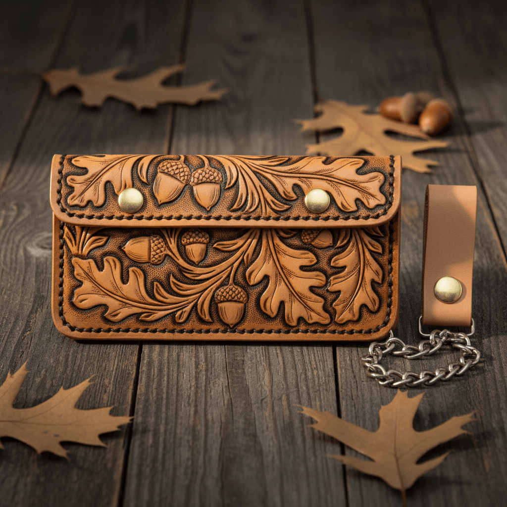 Oak leaf and acorn leather biker wallet lifestyle