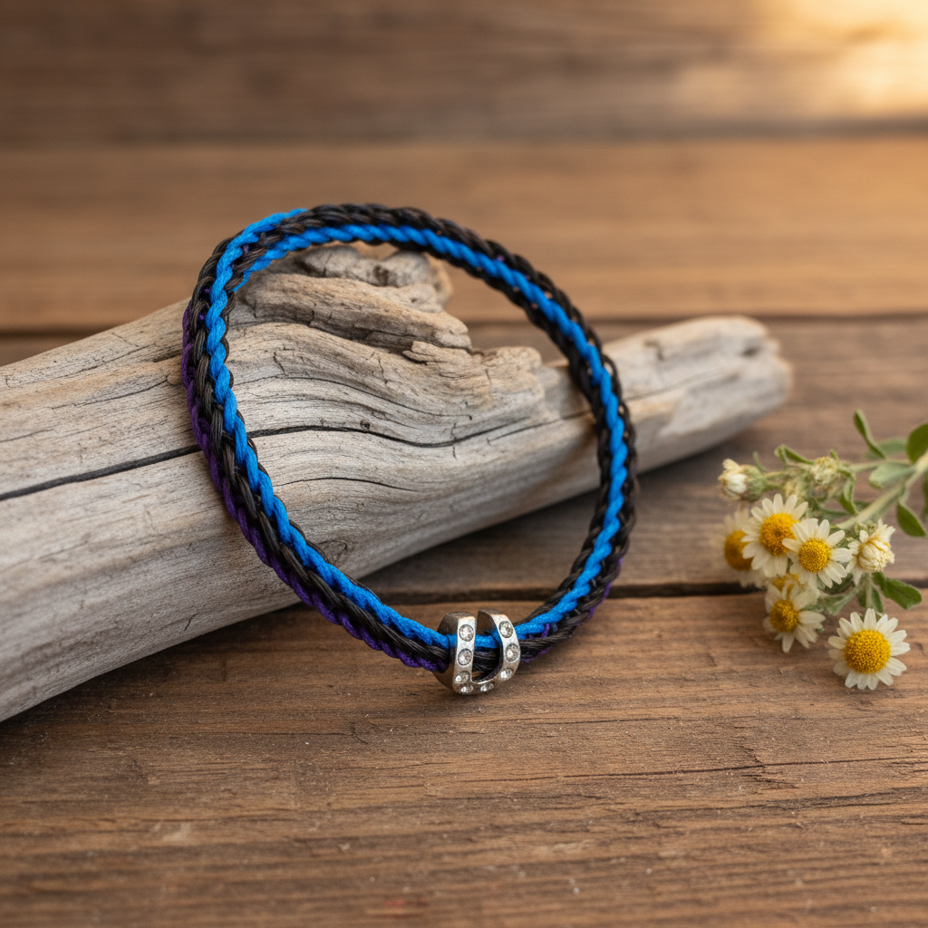 Horsehair bracelet with blue ribbon