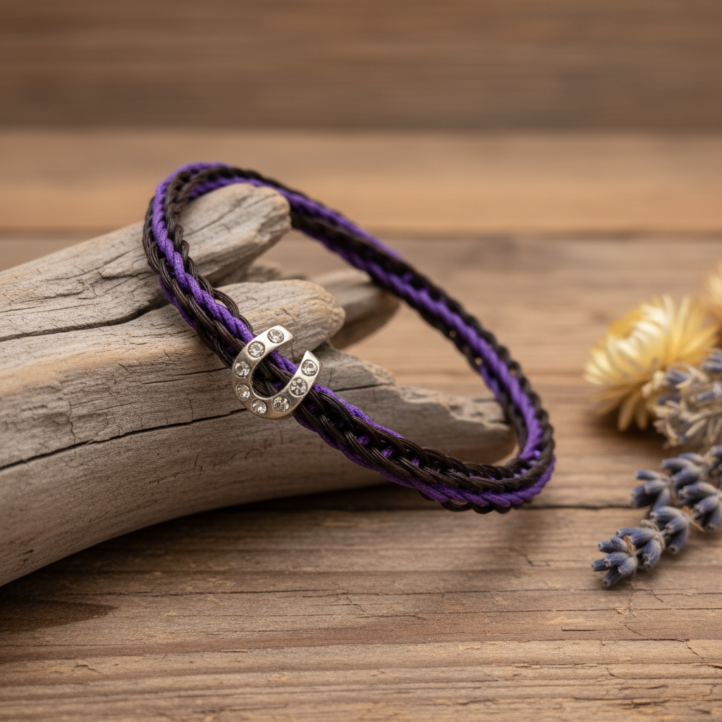 Horsehair bracelet with purple ribbon
