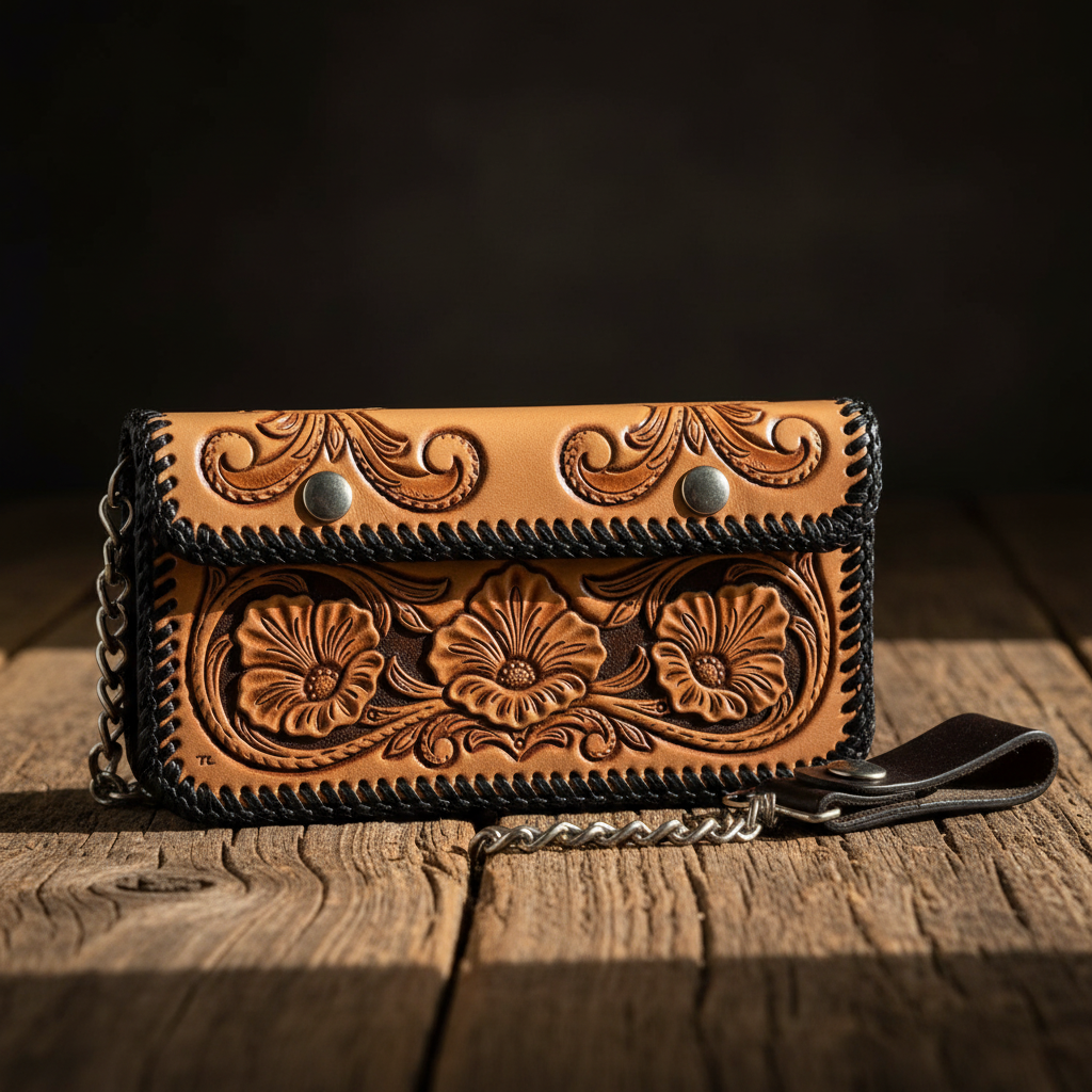 Floral scroll leather biker wallet lifestyle