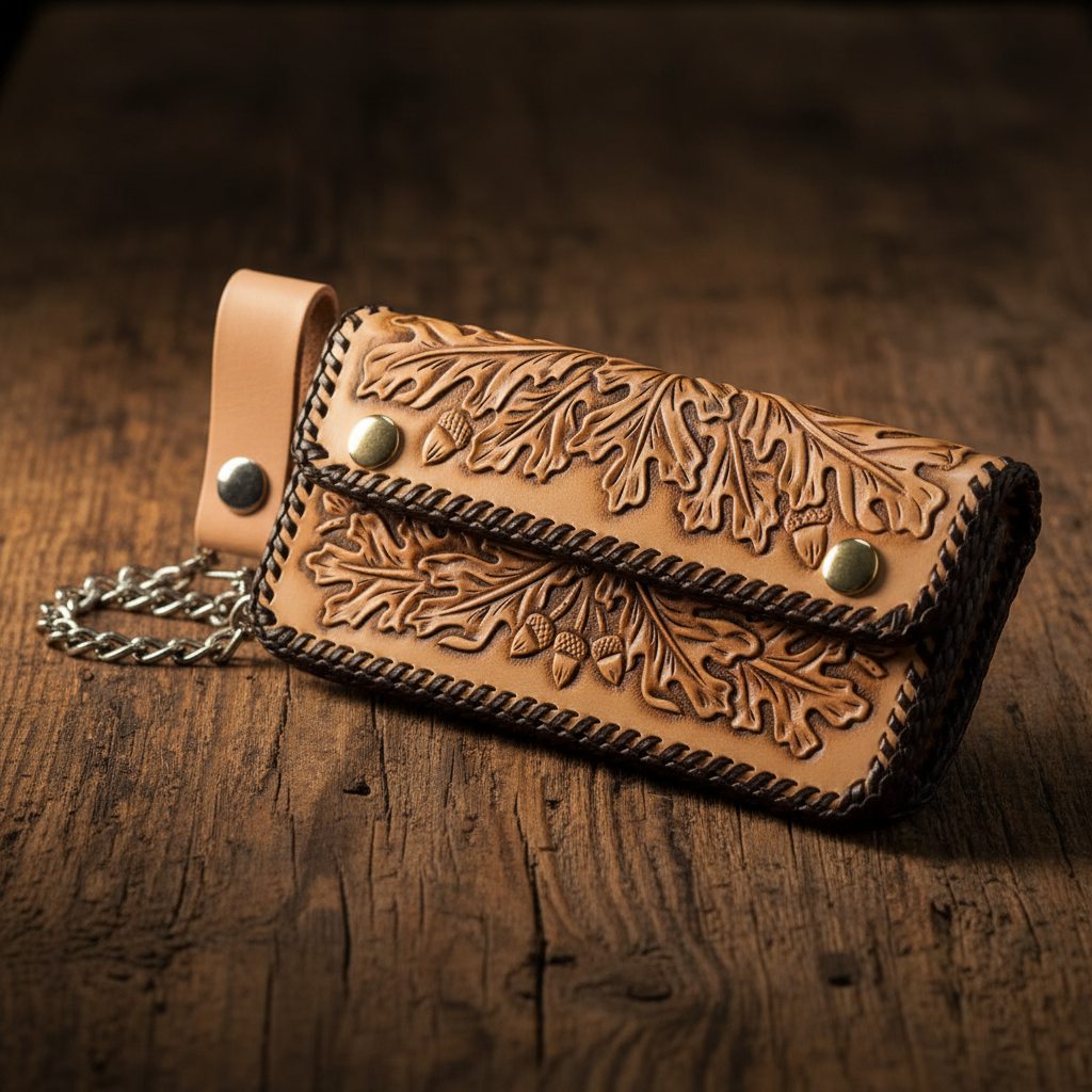 Feather scroll leather biker wallet lifestyle
