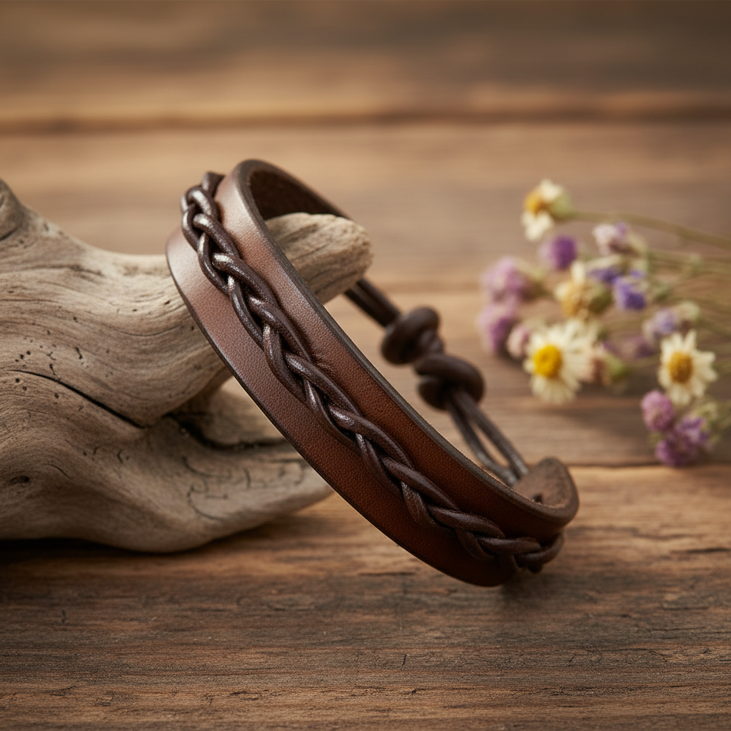 Dark brown leather braid bracelet lifestyle